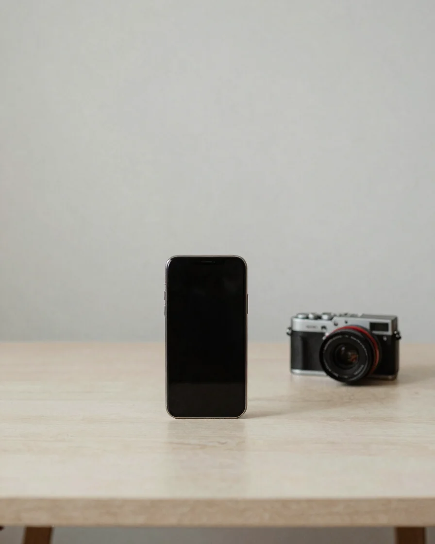 Editorial still life of a vertical smartphone on a light studio table beside a small compact camera, soft daylight, char