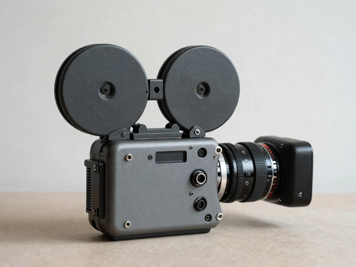 Editorial studio still life of a cinema camera body on a neutral