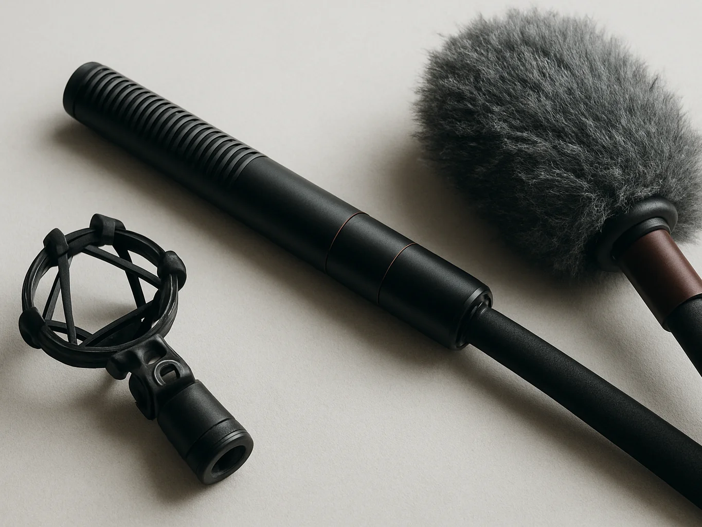 Editorial studio still life of a shotgun microphone and boom acce