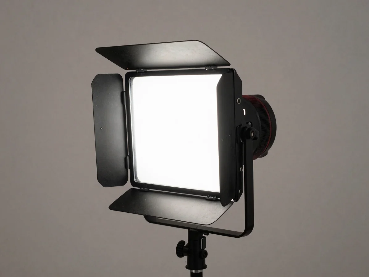 Editorial studio still life of a compact LED panel light on a sta