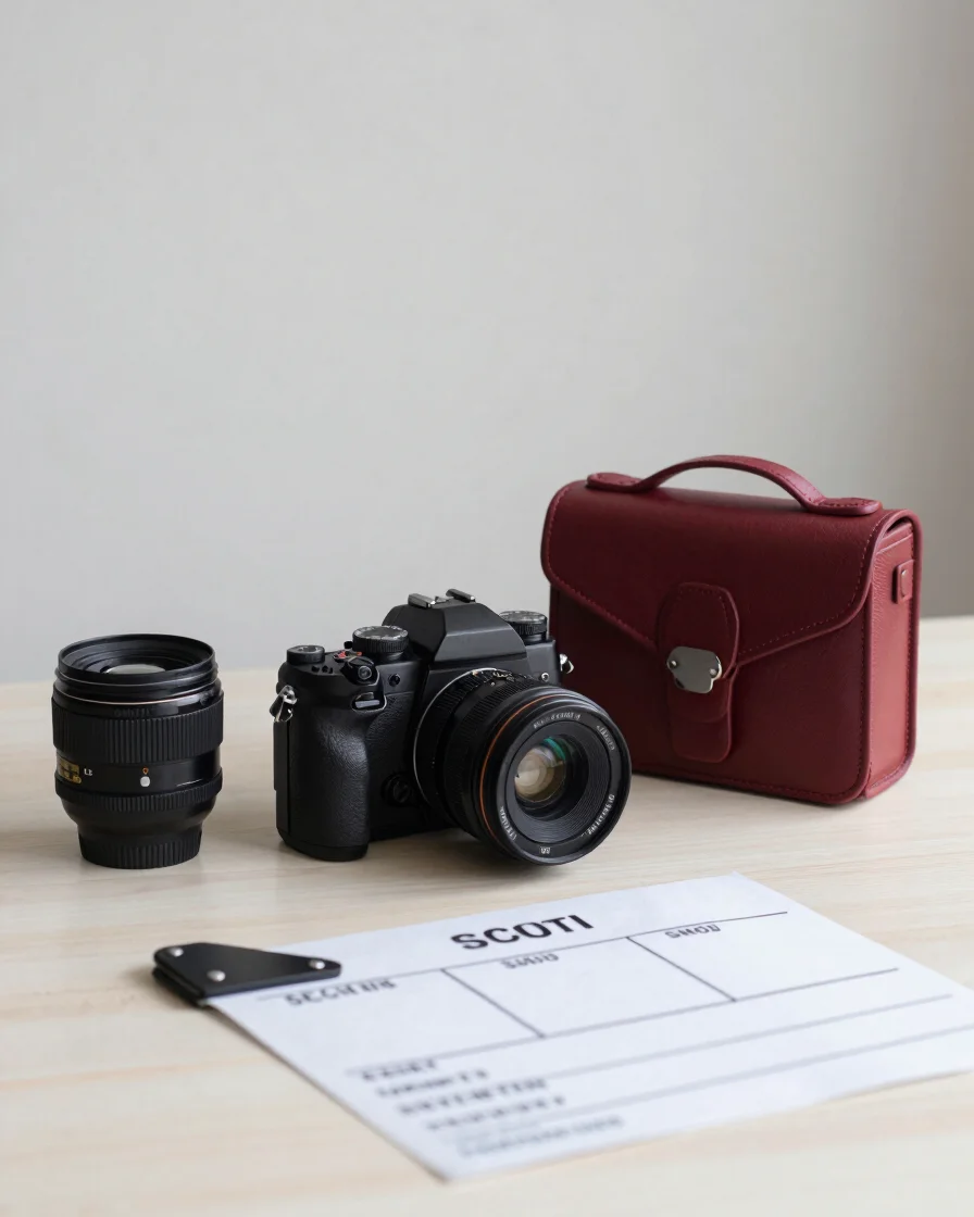 Editorial still life of a camera body, lens case, and a folded sh