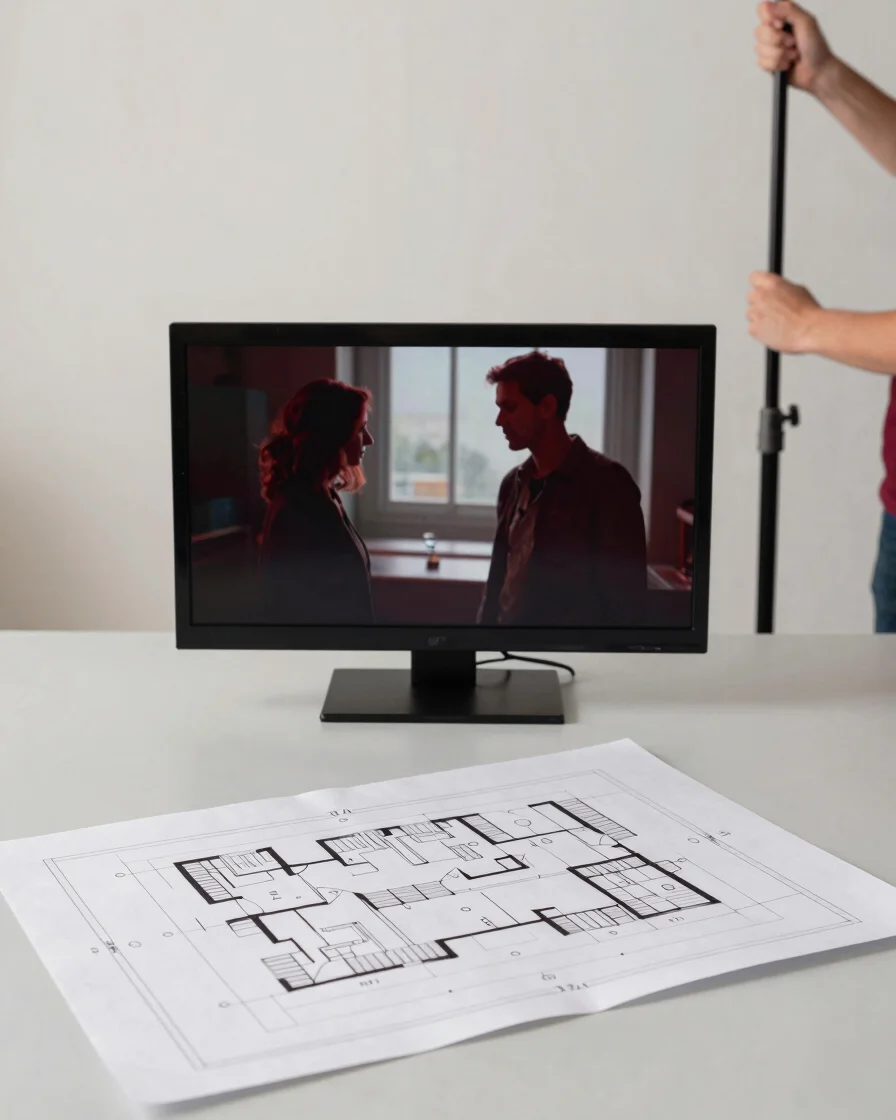 Editorial still life of a film director's marked floor plan and a monitor showing a two-shot under soft studio daylight,