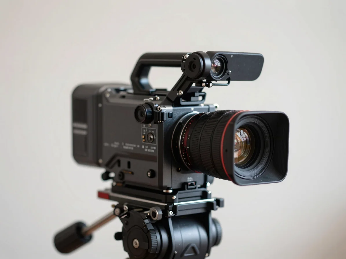 Close-up of a prime lens on a cinema camera, soft studio daylight, charcoal and dark red accents, 35mm