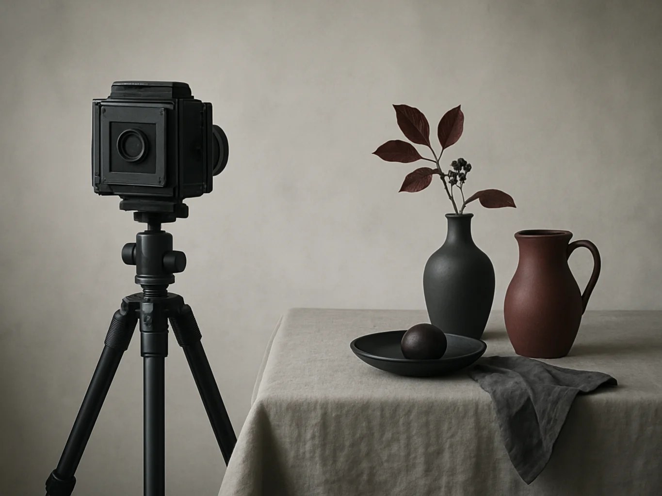 Camera on a tripod set at low height facing a subject, soft studio daylight, charcoal tones, editorial still life