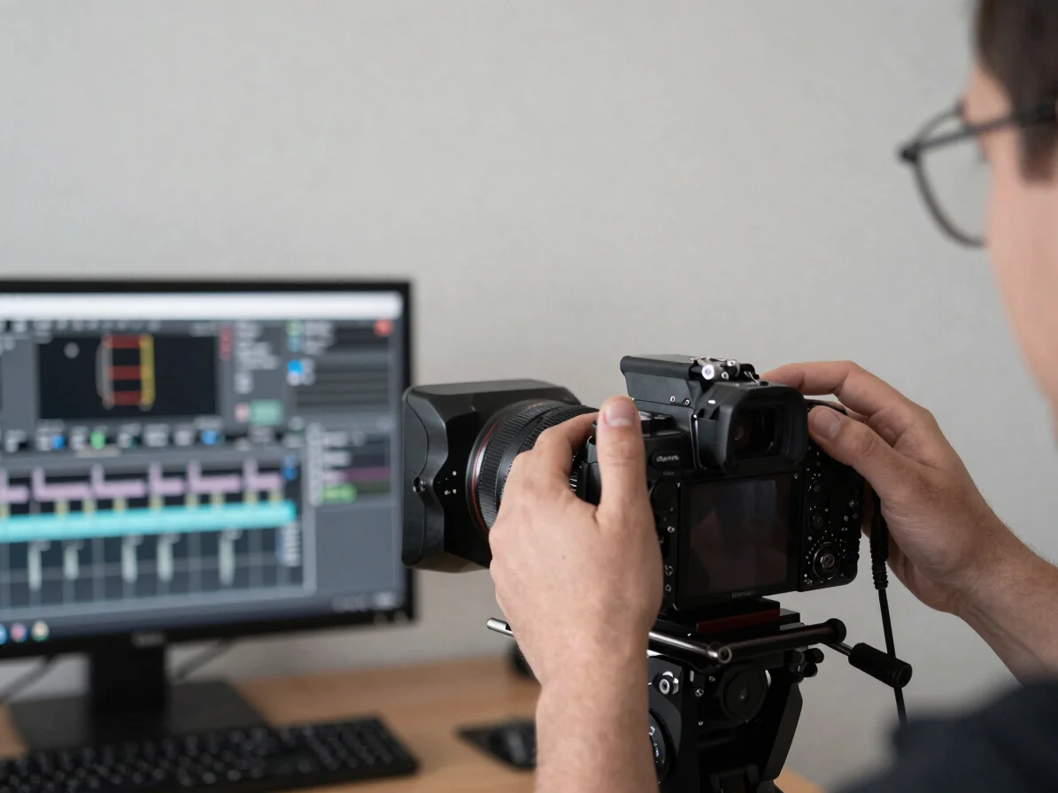 Hands adjusting a camera frame on a monitor at an editing desk, soft available light, restrained editorial mood