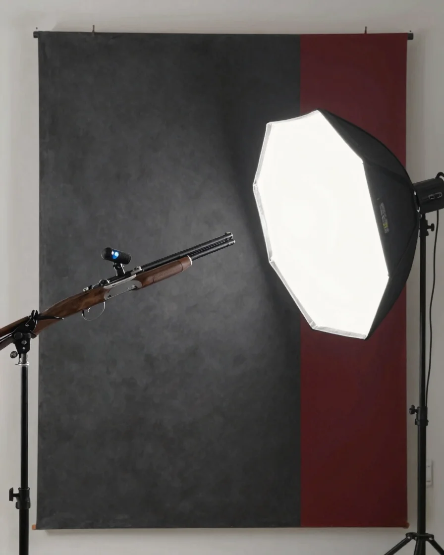 Editorial still life of a shotgun microphone on a boom arm beside a softbox, soft studio daylight, charcoal backdrop wit